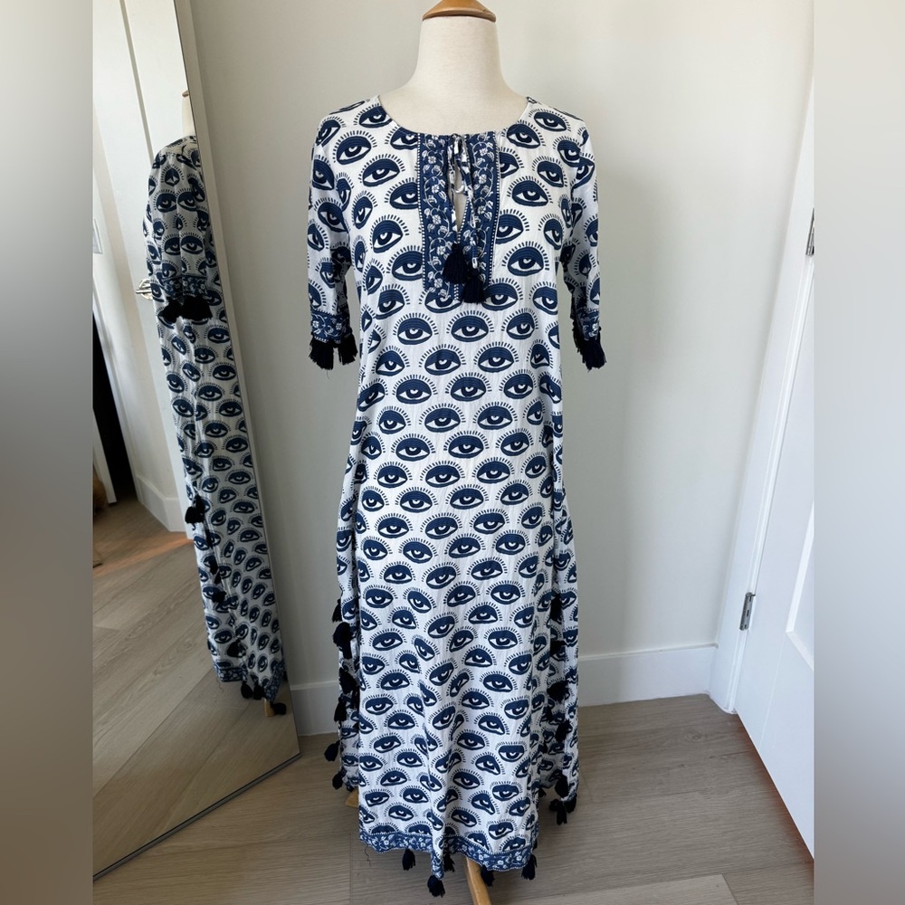 La Plage Maharaní Kaftan Tassle Long Blue/White Eye Cover up Size XS